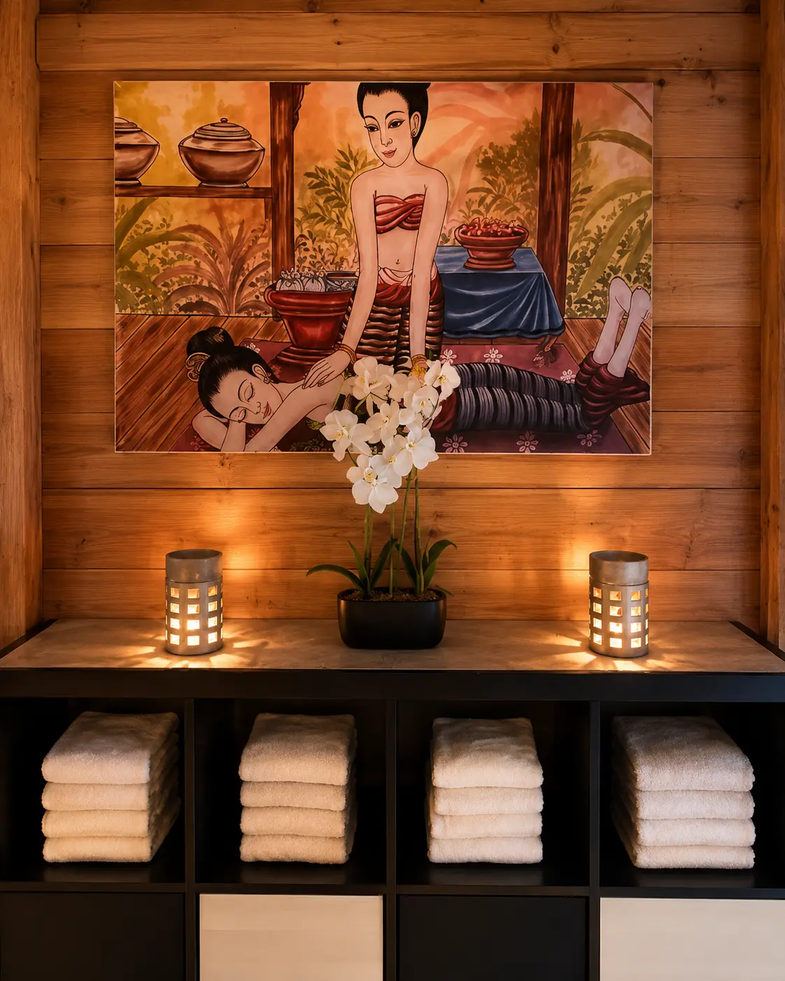 Thai artwork, orchids, and folded towels